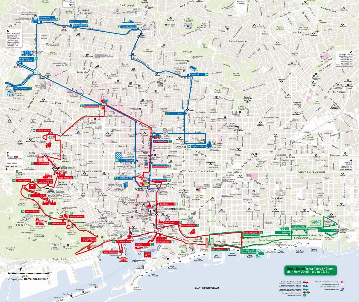 Barcelona autobus turystyczny czerwonej linii na mapie