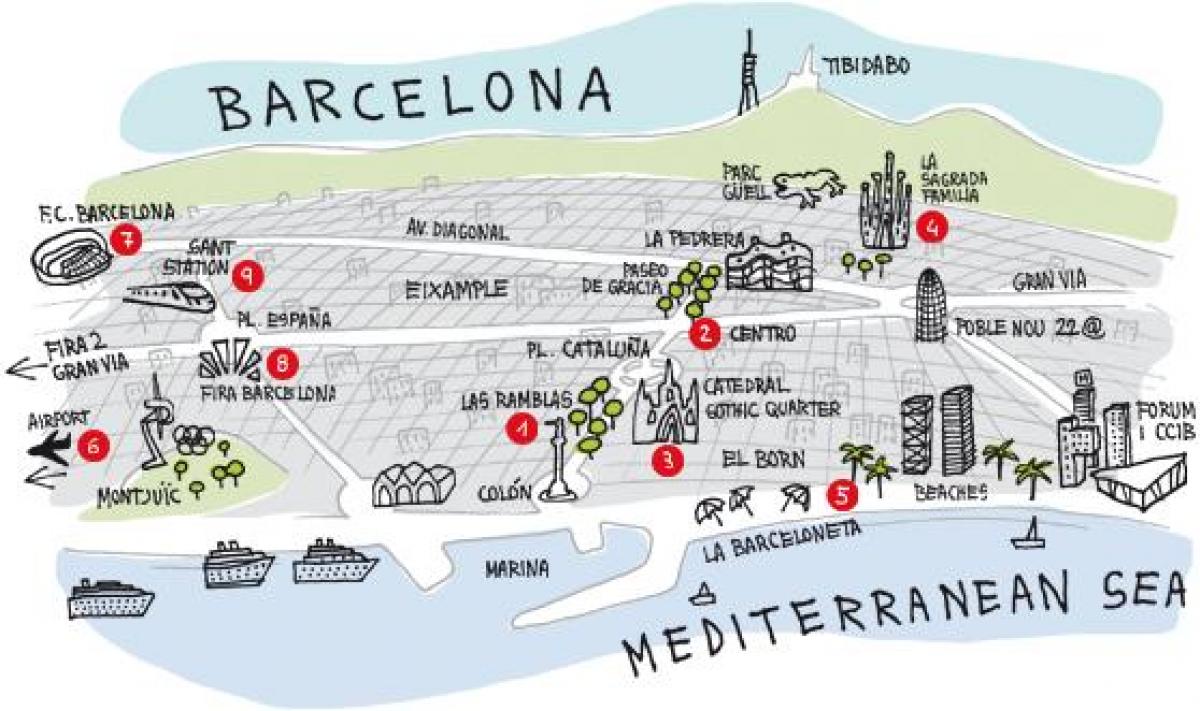 Mapa barcelony pokazuje zabytki mapa barcelony zabytki hiszpanii