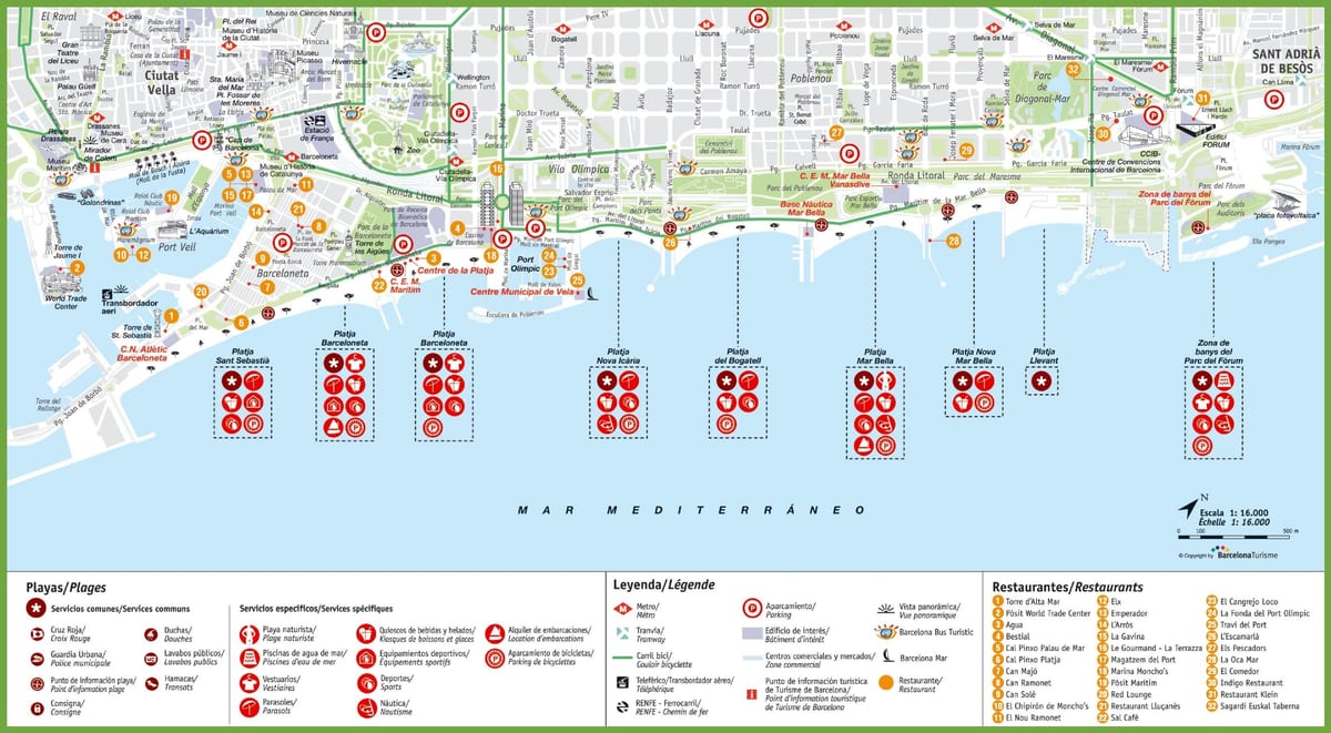 mapa plaż w Barcelonie